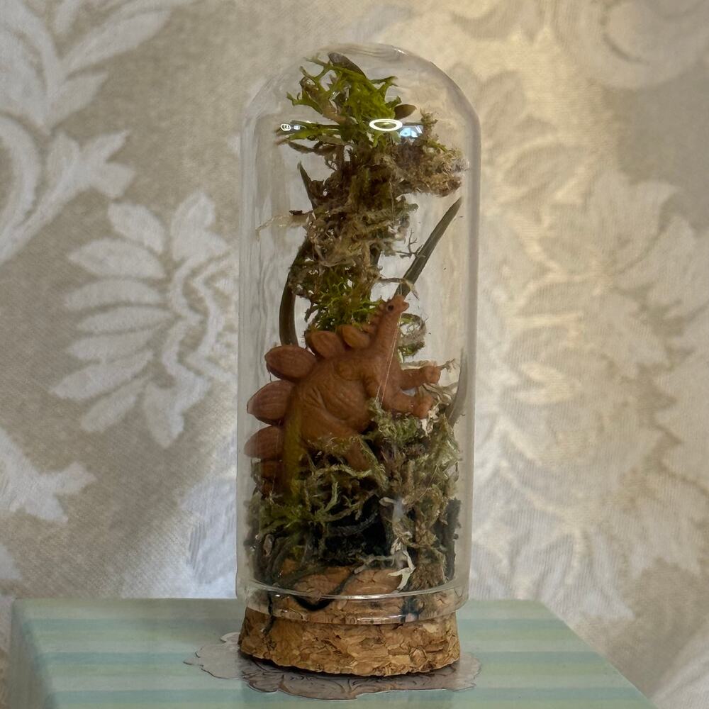 Mini Stegosaurus Terrarium Glass Cloche Dinosaur Diorama Decor